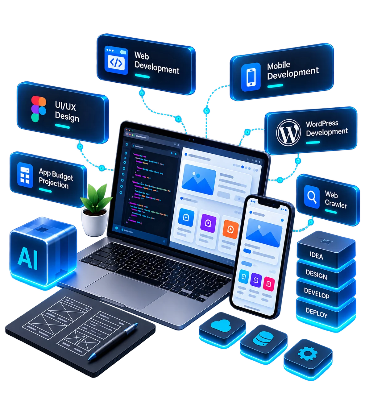 AI-powered web and mobile development workspace with UI design, WordPress, budget planning and web crawler capabilities