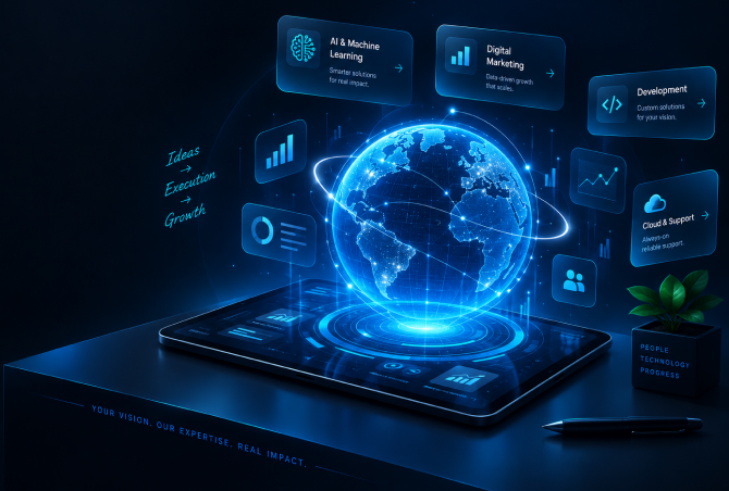 Connected AI, marketing, development and cloud services around a luminous digital globe